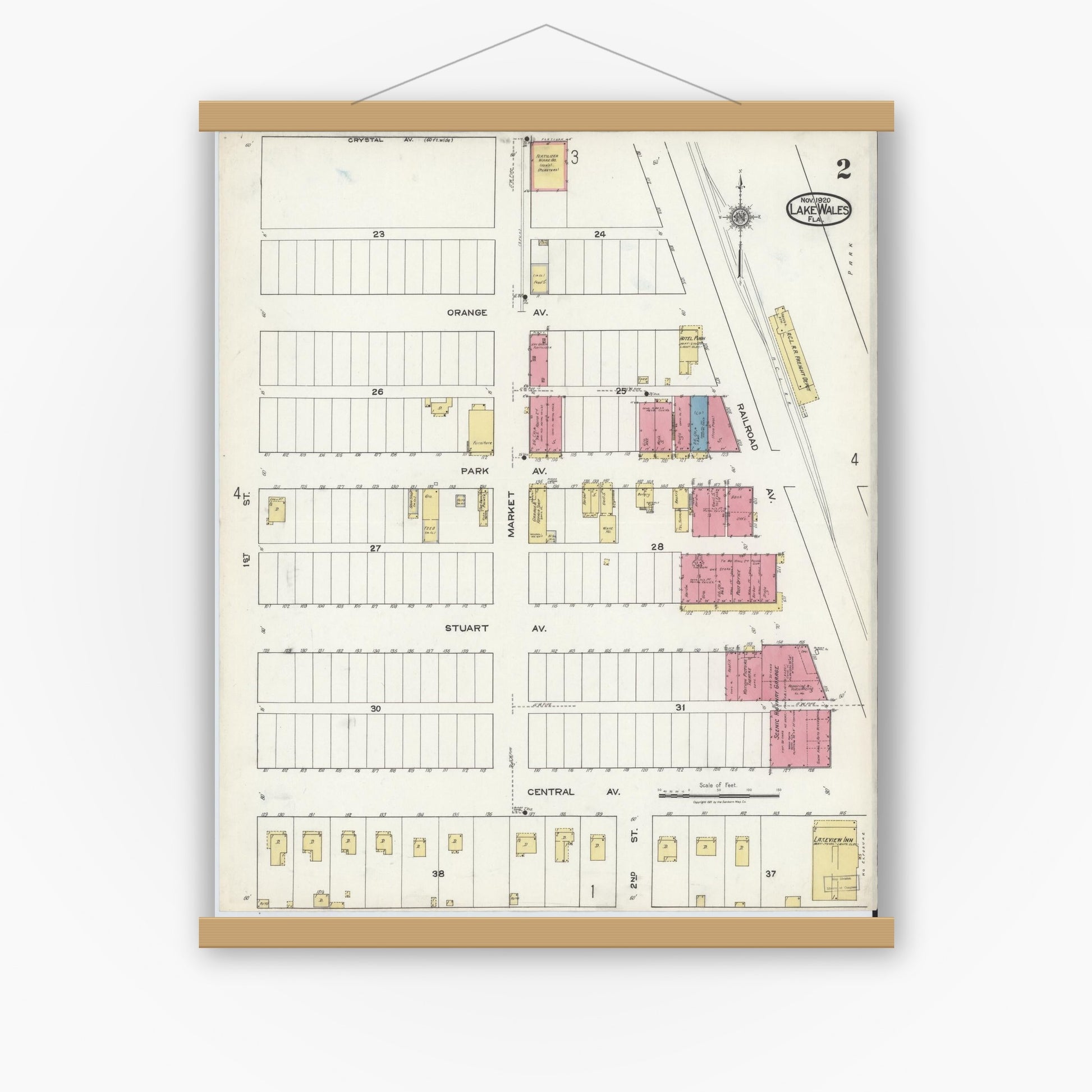 Old map wall art mockup — magnetic wood frame on white wall — Sanborn Fire Insurance Map from Lake Wales, Polk County, Florida (1920), Sheet #0002
