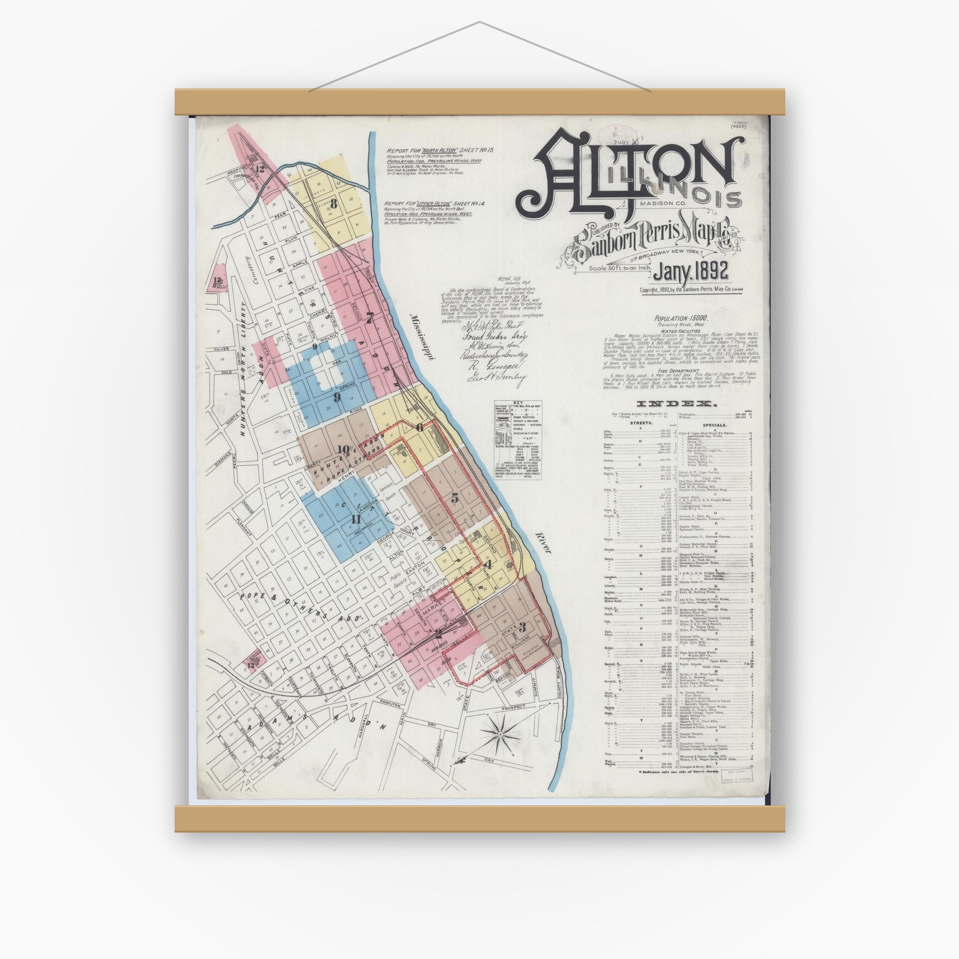 Old map wall art mockup — magnetic wood frame on white wall — Sanborn Fire Insurance Map from Alton, Madison County, Illinois (1892), Sheet #0001
