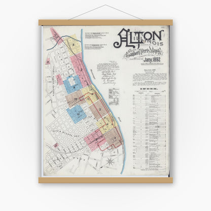 Old map wall art mockup — magnetic wood frame on white wall — Sanborn Fire Insurance Map from Alton, Madison County, Illinois (1892), Sheet #0001