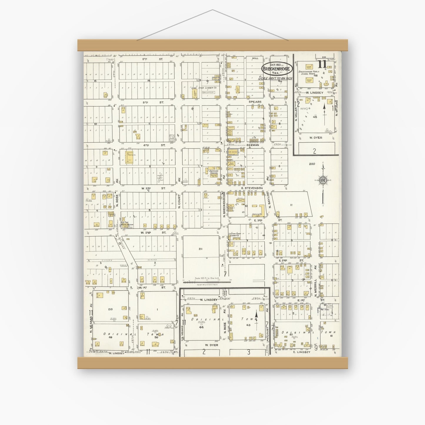 Old map wall art mockup — magnetic wood frame on white wall — Sanborn Fire Insurance Map from Breckenridge, Stephens County, Texas (1921), Sheet #0011