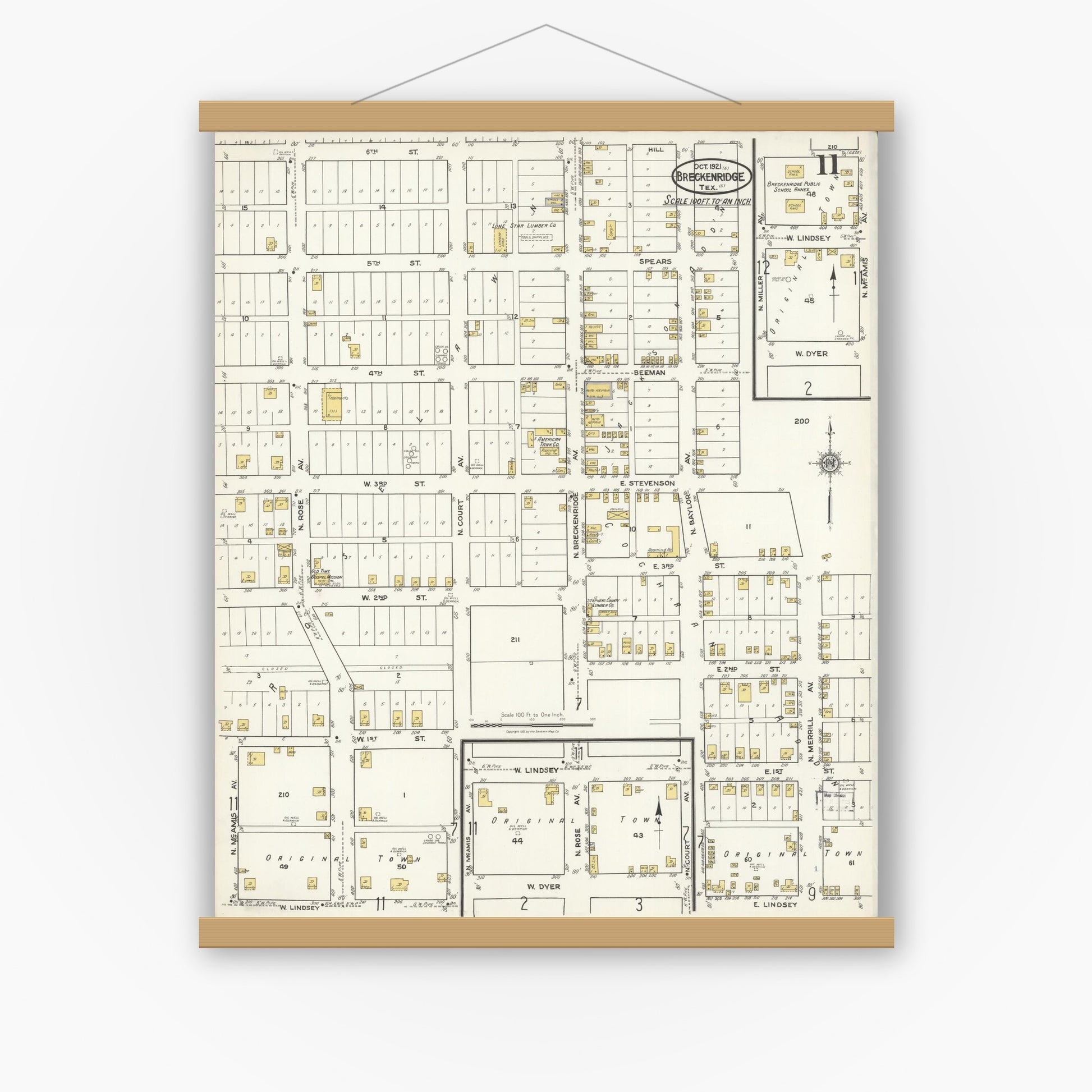 Old map wall art mockup — magnetic wood frame on white wall — Sanborn Fire Insurance Map from Breckenridge, Stephens County, Texas (1921), Sheet #0011