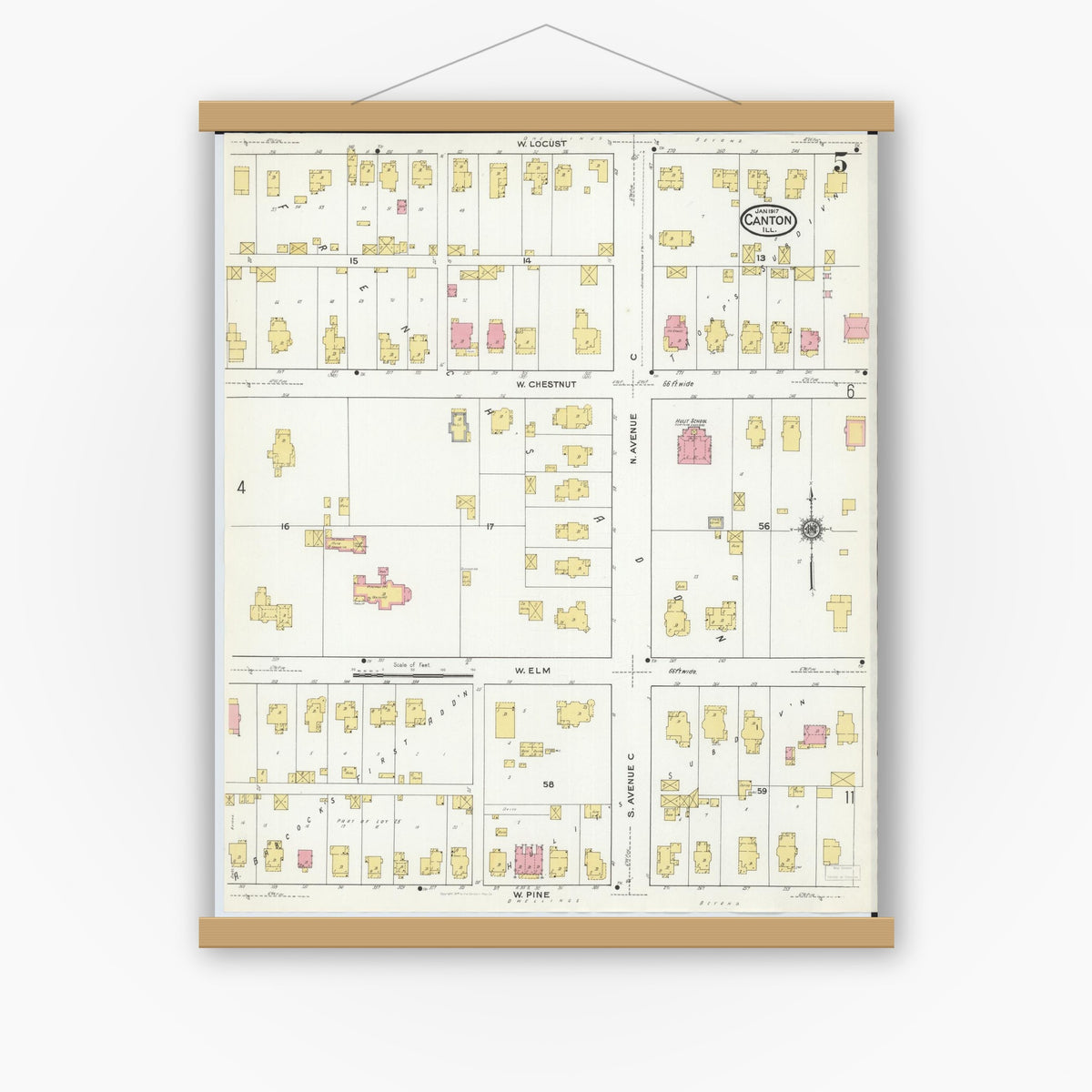 Old map wall art mockup — magnetic wood frame on white wall — Sanborn Fire Insurance Map from Canton, Fulton County, Illinois (1917), Sheet #0005