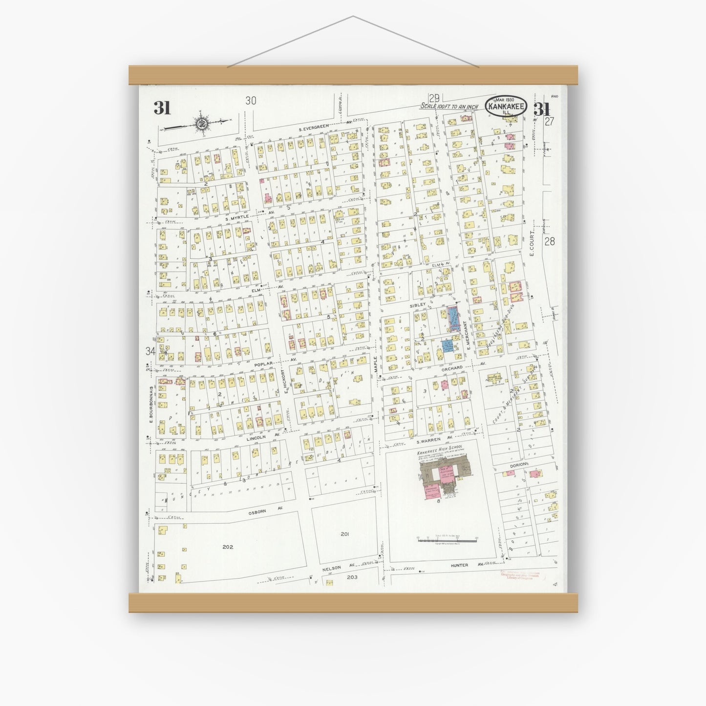 Old map wall art mockup — magnetic wood frame on white wall — Sanborn Fire Insurance Map from Kankakee, Kankakee County, Illinois (1930), Sheet #0031