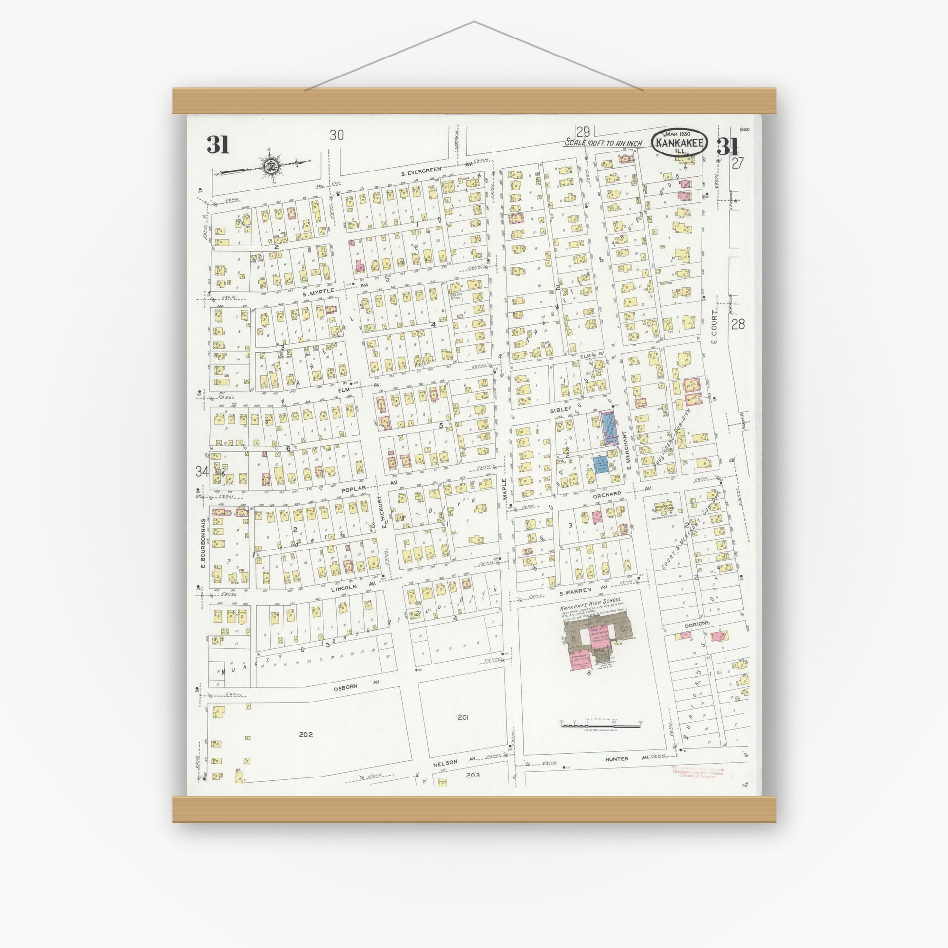 Old map wall art mockup — magnetic wood frame on white wall — Sanborn Fire Insurance Map from Kankakee, Kankakee County, Illinois (1930), Sheet #0031