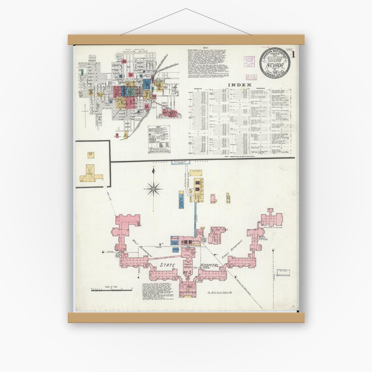 Old map wall art mockup — magnetic wood frame on white wall — Sanborn Fire Insurance Map from Nevada, Vernon County, Missouri (1906) - Complete Map Set