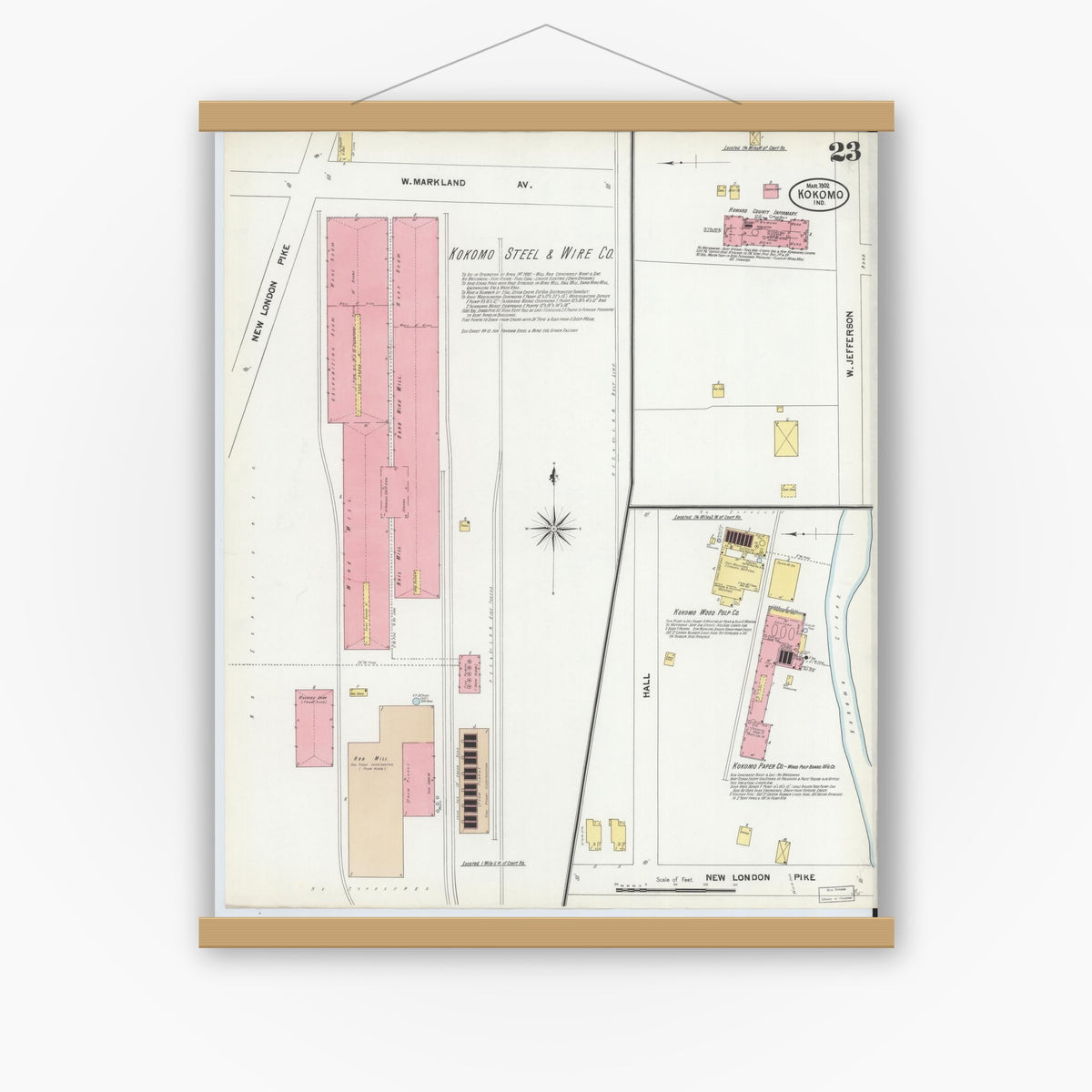 Old map wall art mockup — magnetic wood frame on white wall — Sanborn Fire Insurance Map from Kokomo, Howard County, Indiana (1902), Sheet #0023