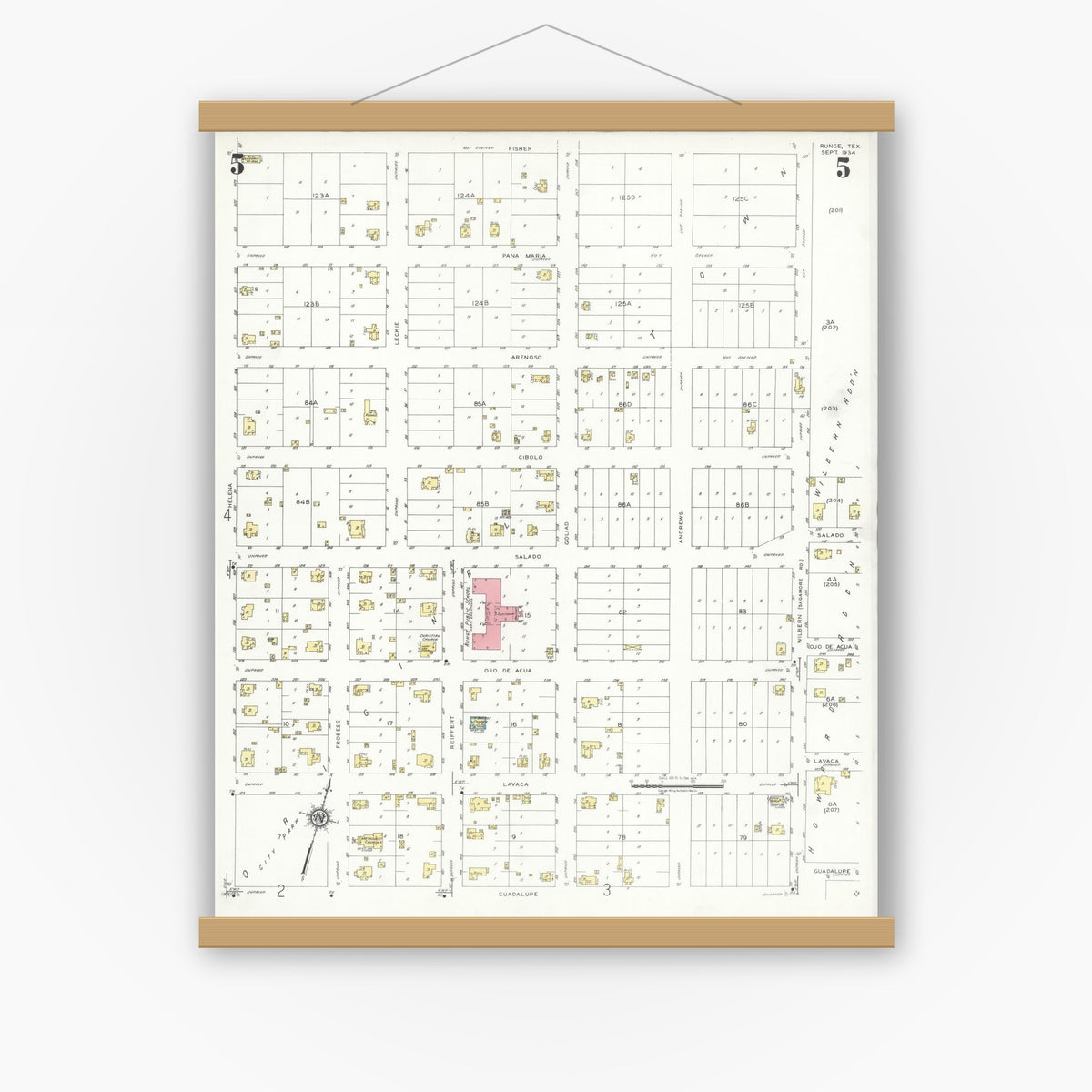 Old map wall art mockup — magnetic wood frame on white wall — Sanborn Fire Insurance Map from Runge, Karnes County, Texas (1934), Sheet #0005