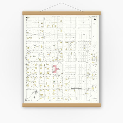 Old map wall art mockup — magnetic wood frame on white wall — Sanborn Fire Insurance Map from Runge, Karnes County, Texas (1934), Sheet #0005