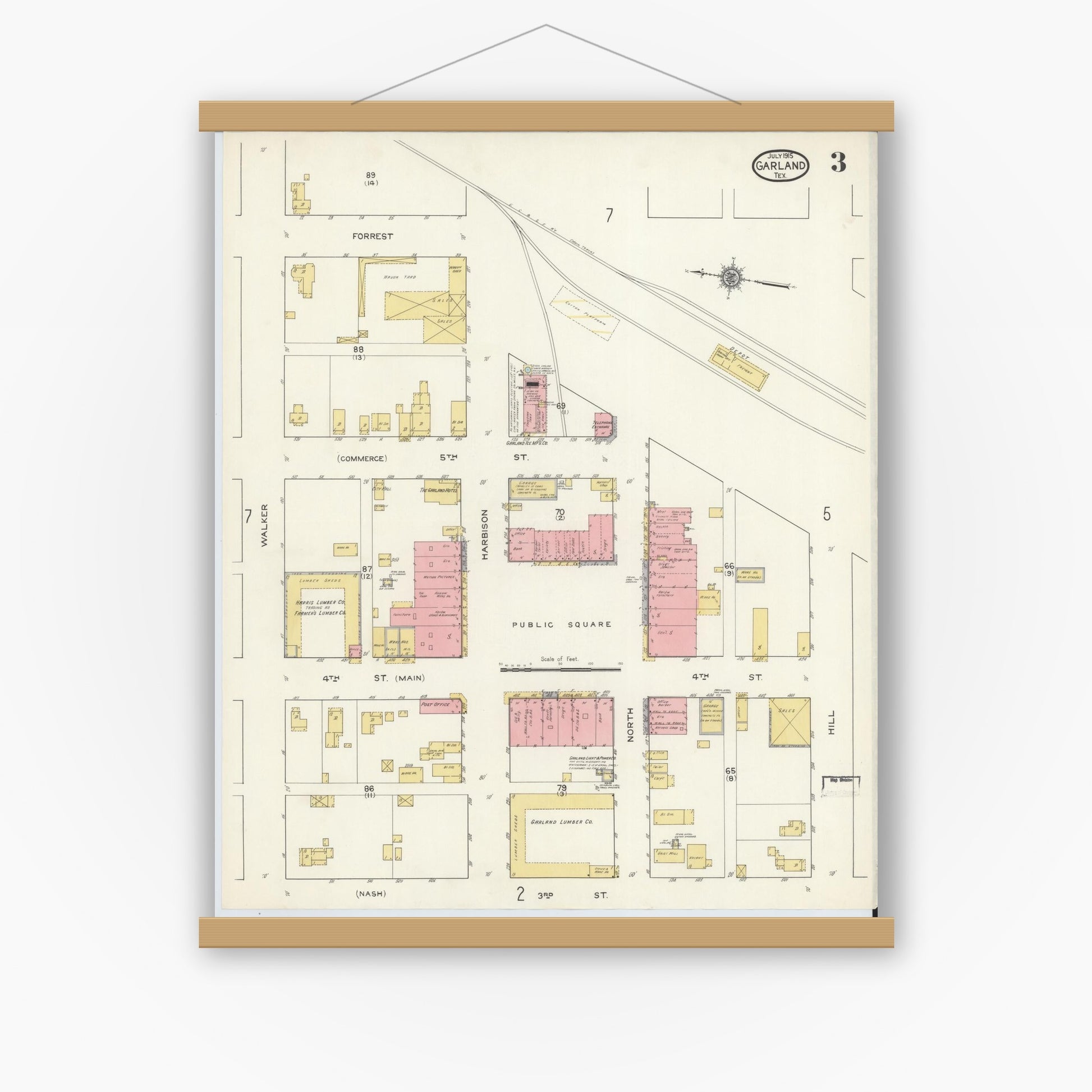 Old map wall art mockup — magnetic wood frame on white wall — Sanborn Fire Insurance Map from Garland, Dallas County, Texas (1915), Sheet #0003