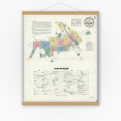 Old map wall art mockup — magnetic wood frame on white wall — Sanborn Fire Insurance Map from Mount Pleasant, Westmoreland County, Pennsylvania (1914) - Complete Map Set