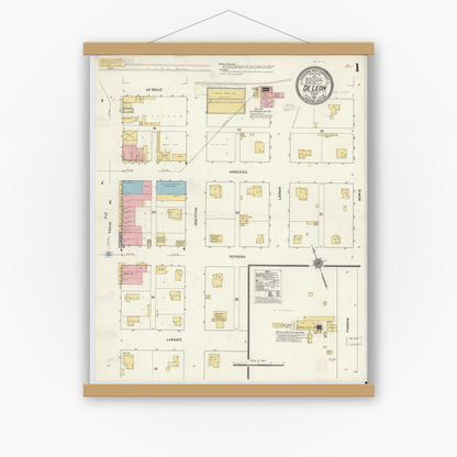 Old map wall art mockup — magnetic wood frame on white wall — Sanborn Fire Insurance Map from De Leon, Comanche County, Texas (1911) - Complete Map Set
