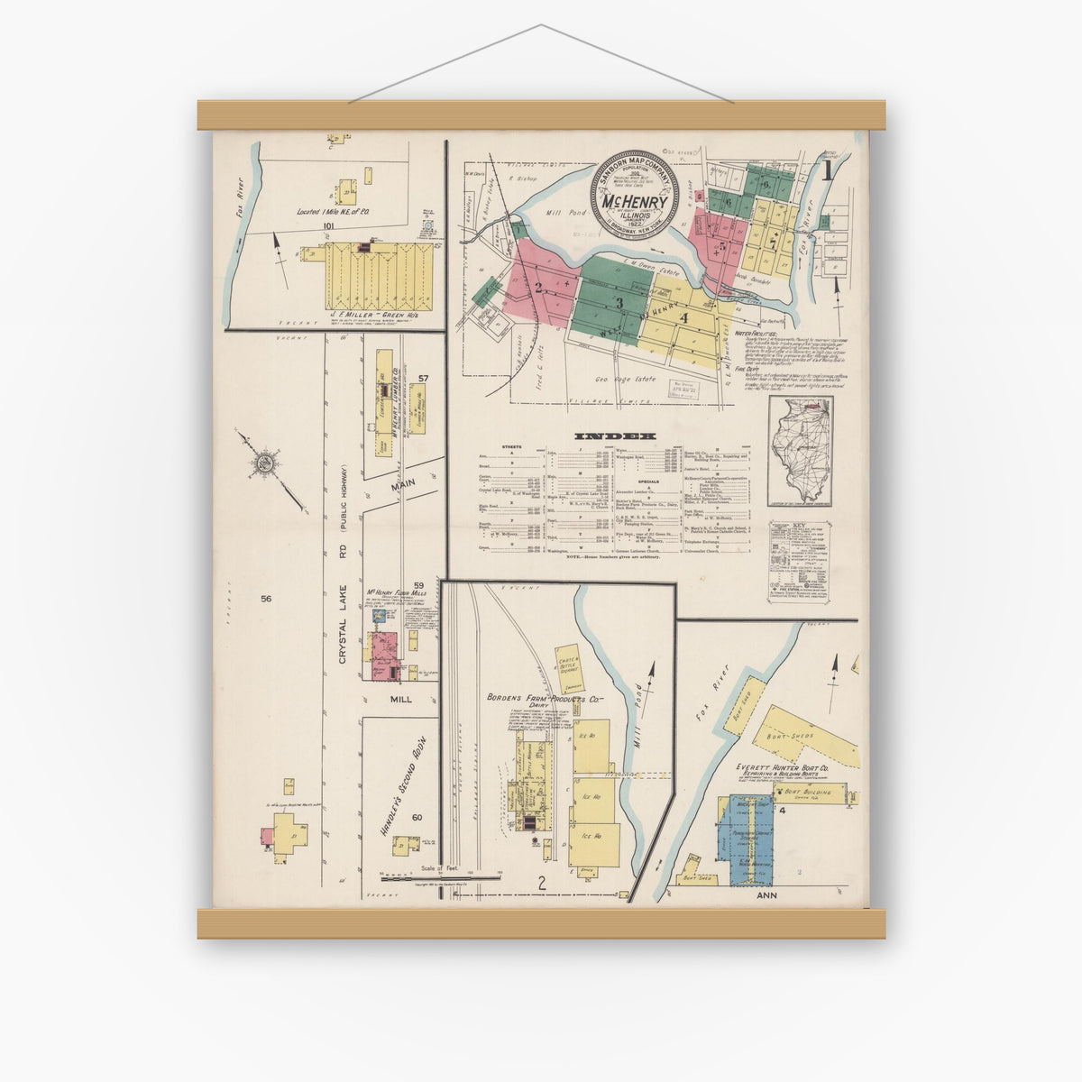 Old map wall art mockup — magnetic wood frame on white wall — Sanborn Fire Insurance Map from McHenry, McHenry County, Illinois (1922) - Complete Map Set