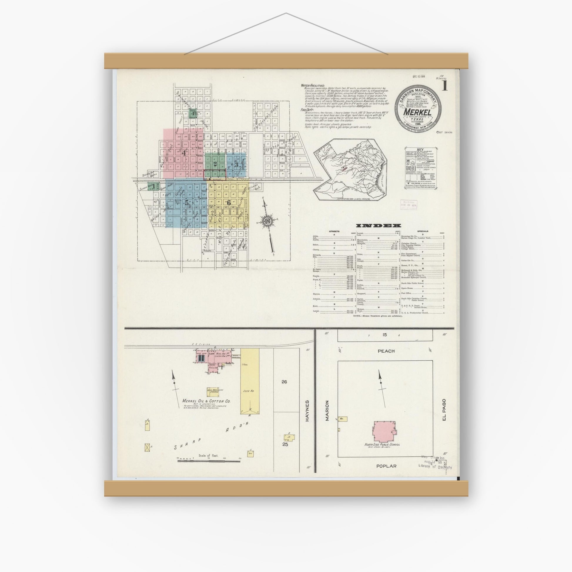 Old map wall art mockup — magnetic wood frame on white wall — Sanborn Fire Insurance Map from Merkel, Taylor County, Texas (1914), Sheet #0001