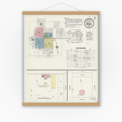 Old map wall art mockup — magnetic wood frame on white wall — Sanborn Fire Insurance Map from Merkel, Taylor County, Texas (1914), Sheet #0001