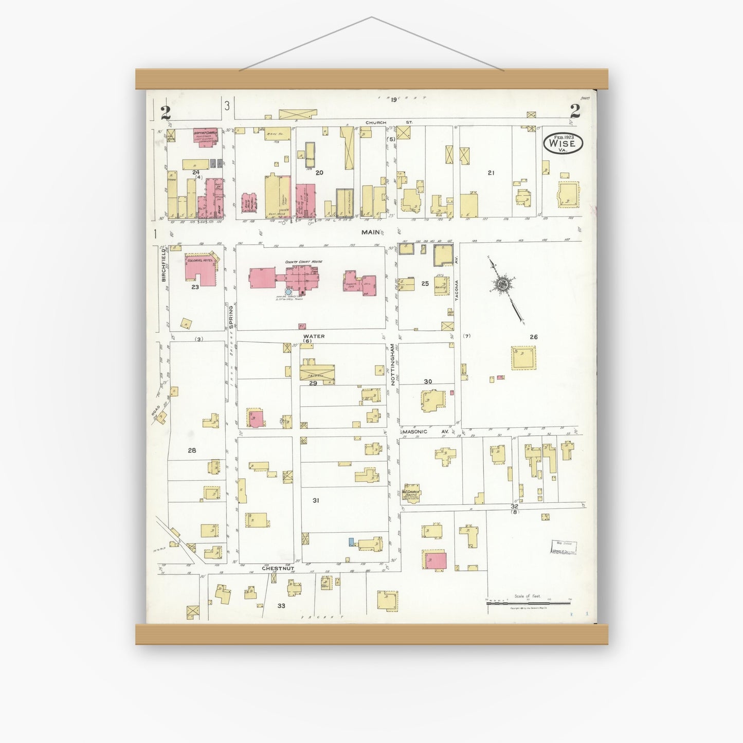 Old map wall art mockup — magnetic wood frame on white wall — Sanborn Fire Insurance Map from Wise, Wise County, Virginia (1923), Sheet #0002