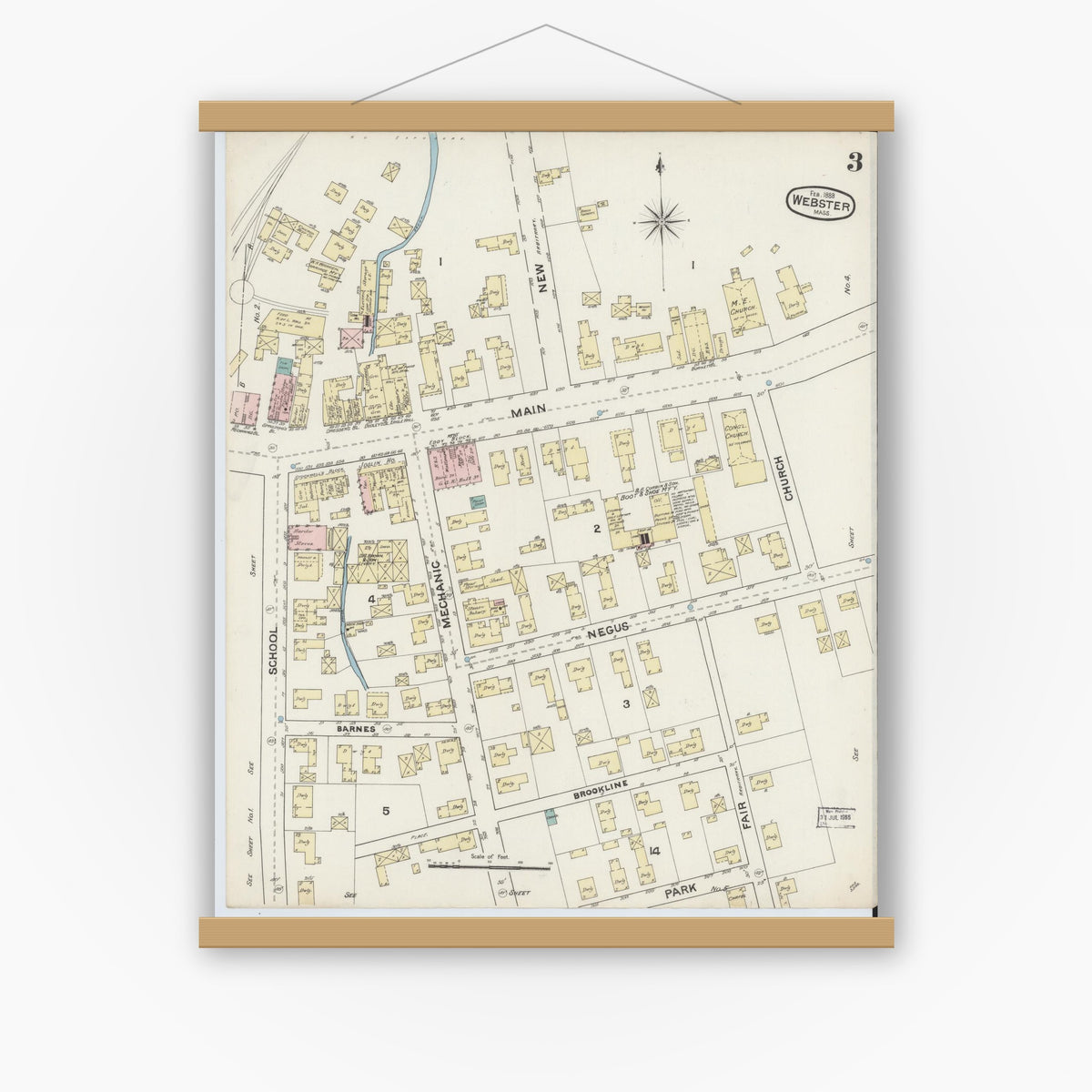 Old map wall art mockup — magnetic wood frame on white wall — Sanborn Fire Insurance Map from Webster, Worcester County, Massachusetts (1888), Sheet #0003