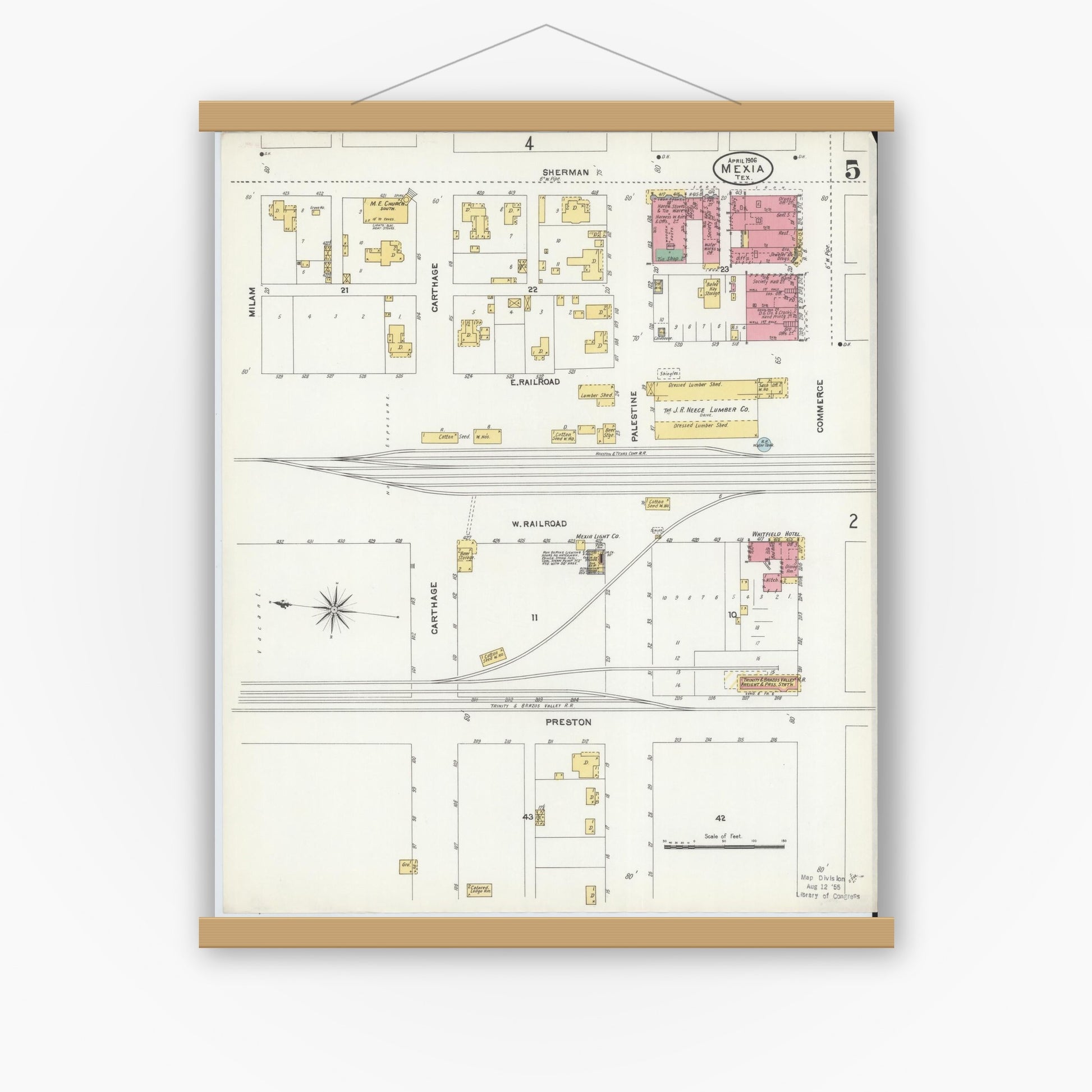 Old map wall art mockup — magnetic wood frame on white wall — Sanborn Fire Insurance Map from Mexia, Limestone County, Texas (1906), Sheet #0005
