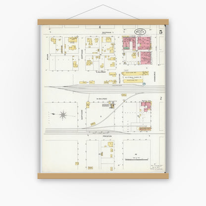 Old map wall art mockup — magnetic wood frame on white wall — Sanborn Fire Insurance Map from Mexia, Limestone County, Texas (1906), Sheet #0005