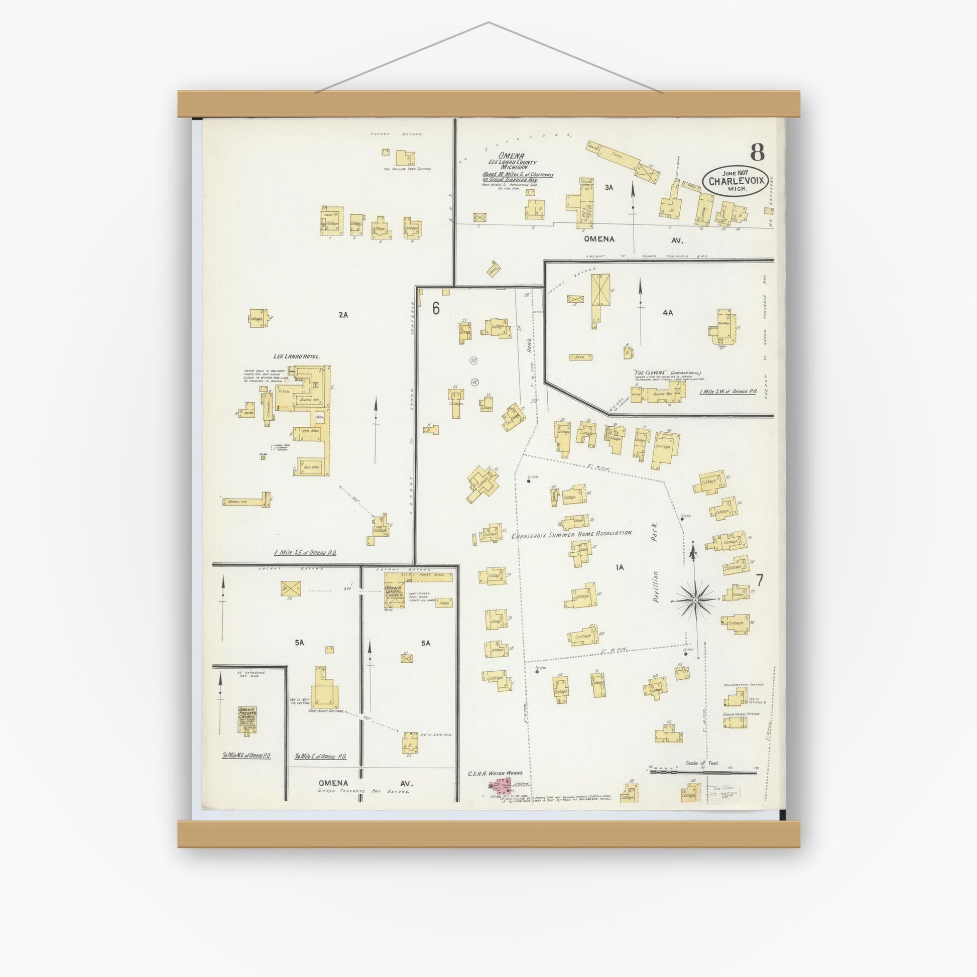 Old map wall art mockup — magnetic wood frame on white wall — Sanborn Fire Insurance Map from Charlevoix, Charlevoix County, Michigan (1907), Sheet #0008