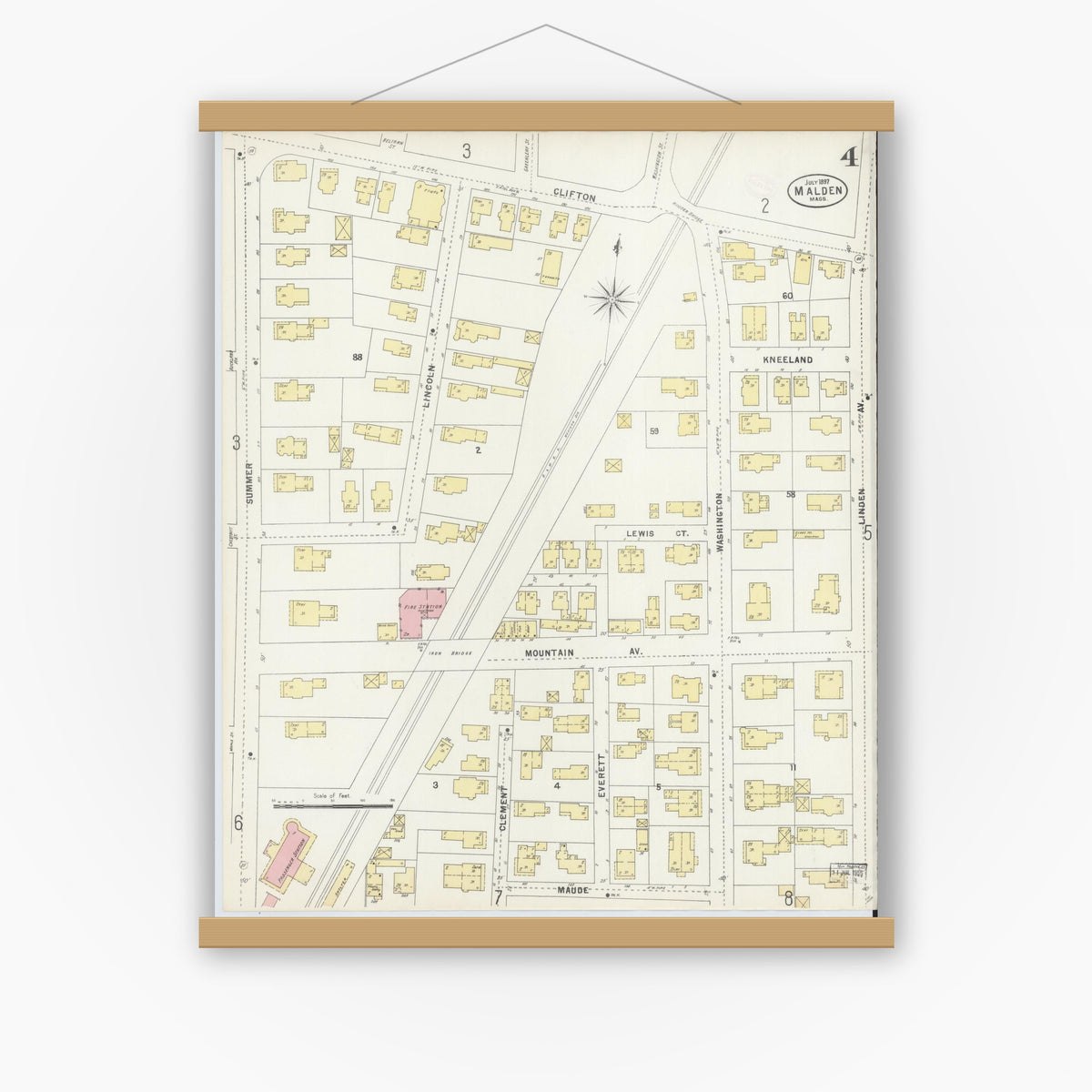 Old map wall art mockup — magnetic wood frame on white wall — Sanborn Fire Insurance Map from Malden, Middlesex County, Massachusetts (1897), Sheet #0004