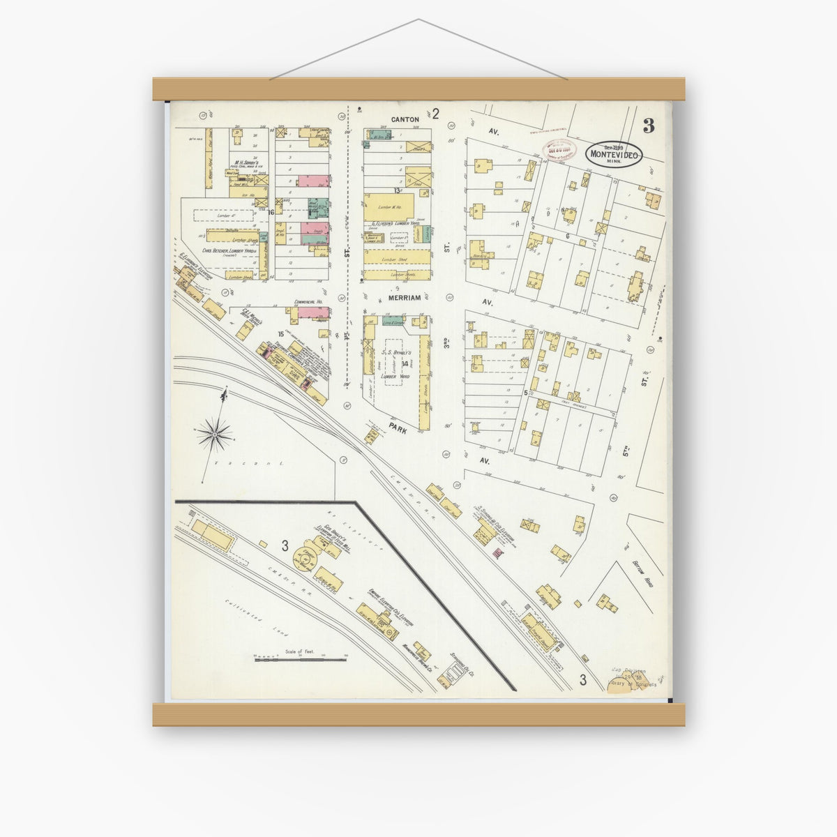 Old map wall art mockup — magnetic wood frame on white wall — Sanborn Fire Insurance Map from Montevideo, Chippewa County, Minnesota (1899), Sheet #0003