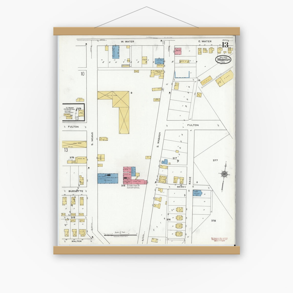 Old map wall art mockup — magnetic wood frame on white wall — Sanborn Fire Insurance Map from Wabash, Wabash County, Indiana (1920), Sheet #0013