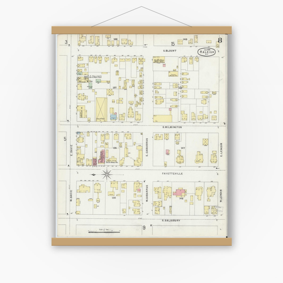 Old map wall art mockup — magnetic wood frame on white wall — Sanborn Fire Insurance Map from Raleigh, Wake County, North Carolina (1896), Sheet #0008