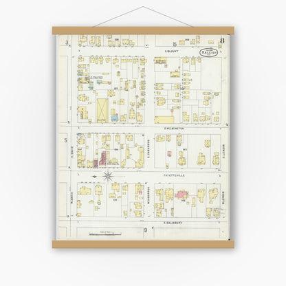 Old map wall art mockup — magnetic wood frame on white wall — Sanborn Fire Insurance Map from Raleigh, Wake County, North Carolina (1896), Sheet #0008