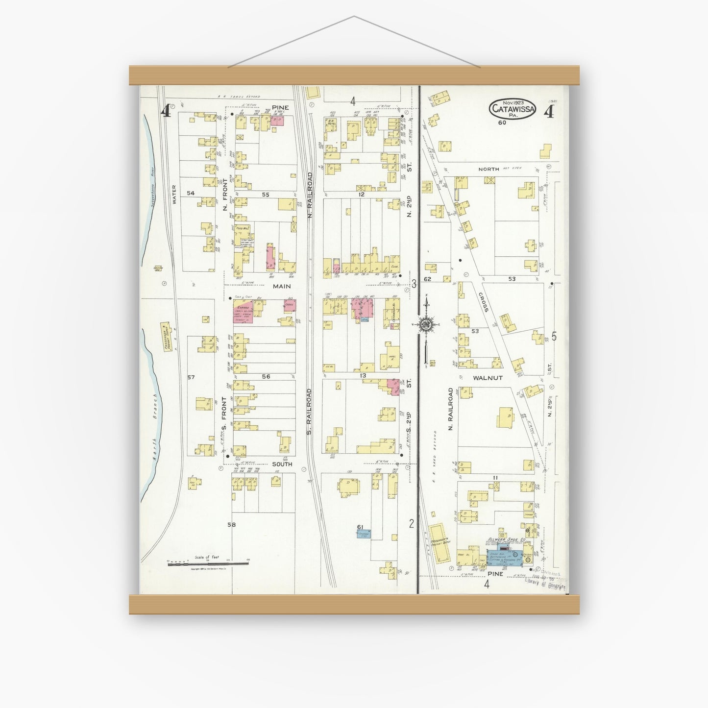 Old map wall art mockup — magnetic wood frame on white wall — Sanborn Fire Insurance Map from Catawissa, Columbia County, Pennsylvania (1923), Sheet #0004