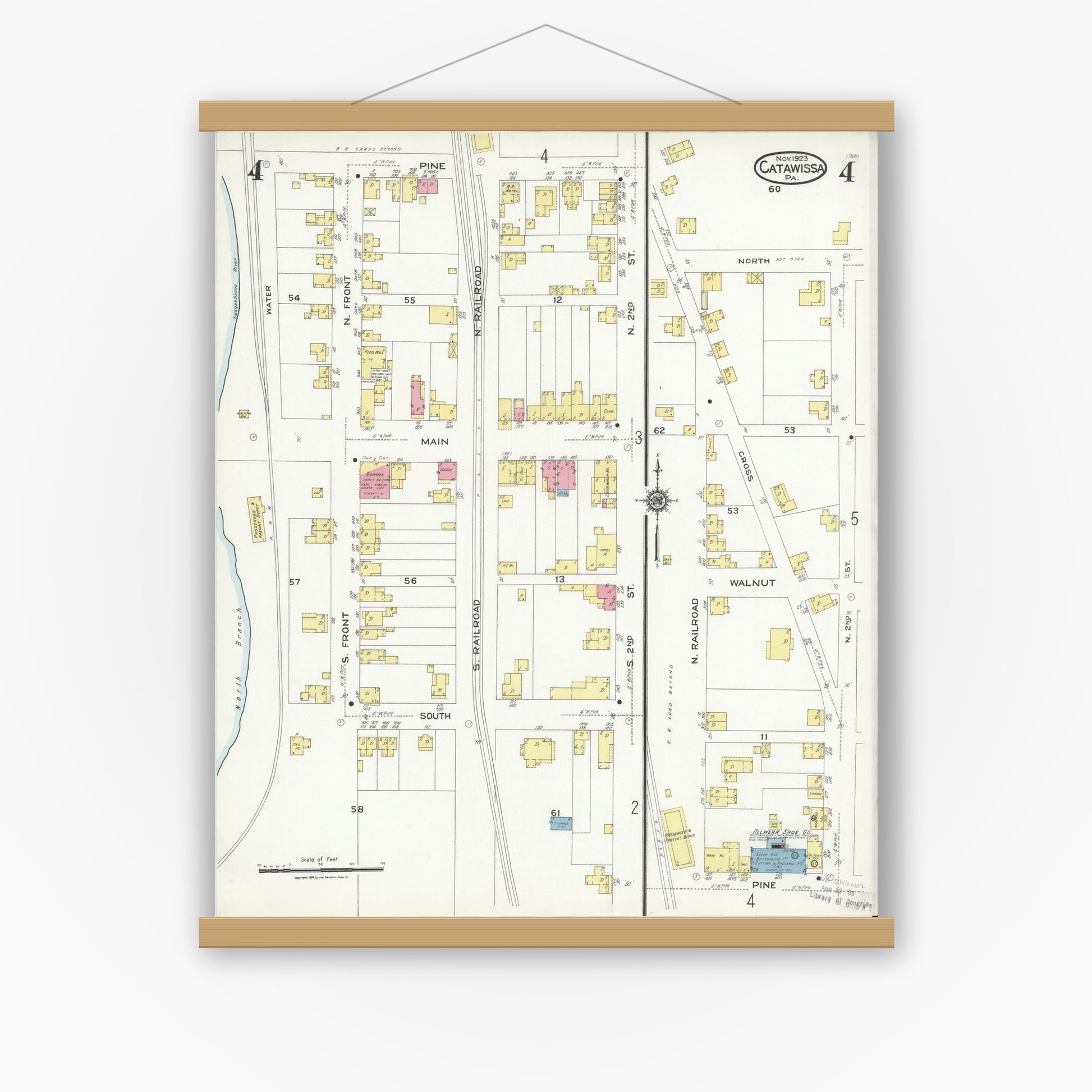 Old map wall art mockup — magnetic wood frame on white wall — Sanborn Fire Insurance Map from Catawissa, Columbia County, Pennsylvania (1923), Sheet #0004