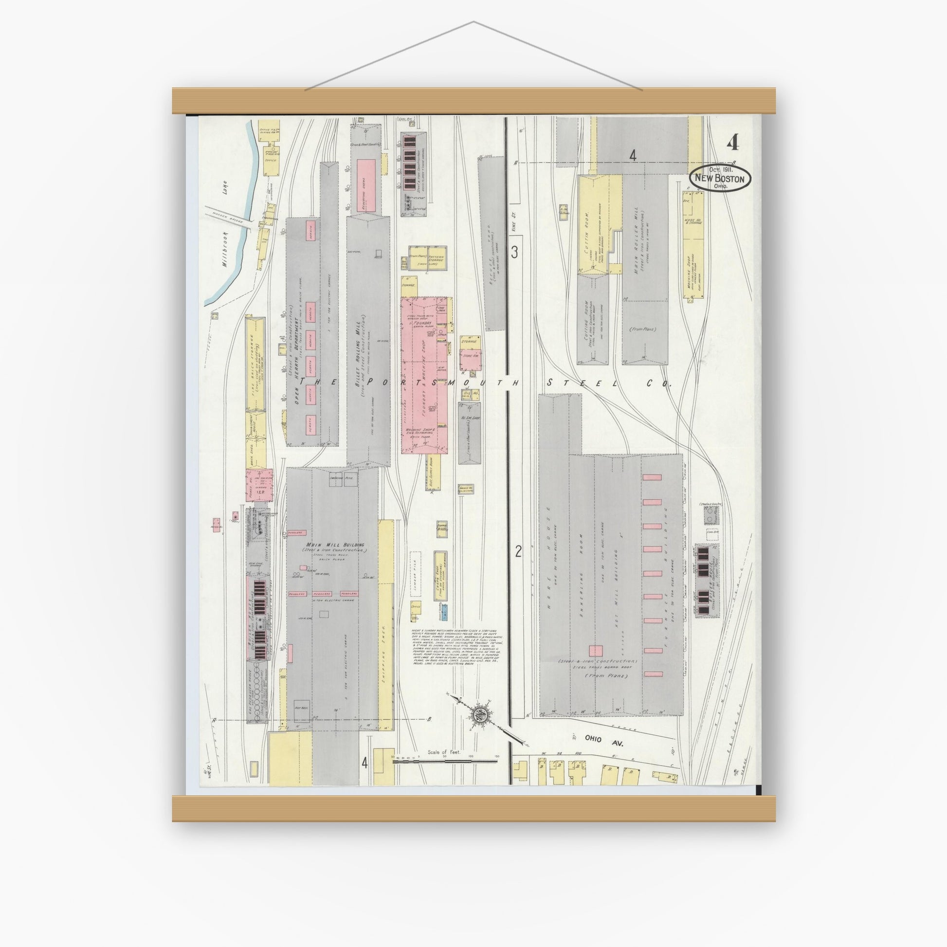 Old map wall art mockup — magnetic wood frame on white wall — Sanborn Fire Insurance Map from New Boston, Scioto County, Ohio (1911), Sheet #0004