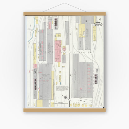 Old map wall art mockup — magnetic wood frame on white wall — Sanborn Fire Insurance Map from New Boston, Scioto County, Ohio (1911), Sheet #0004
