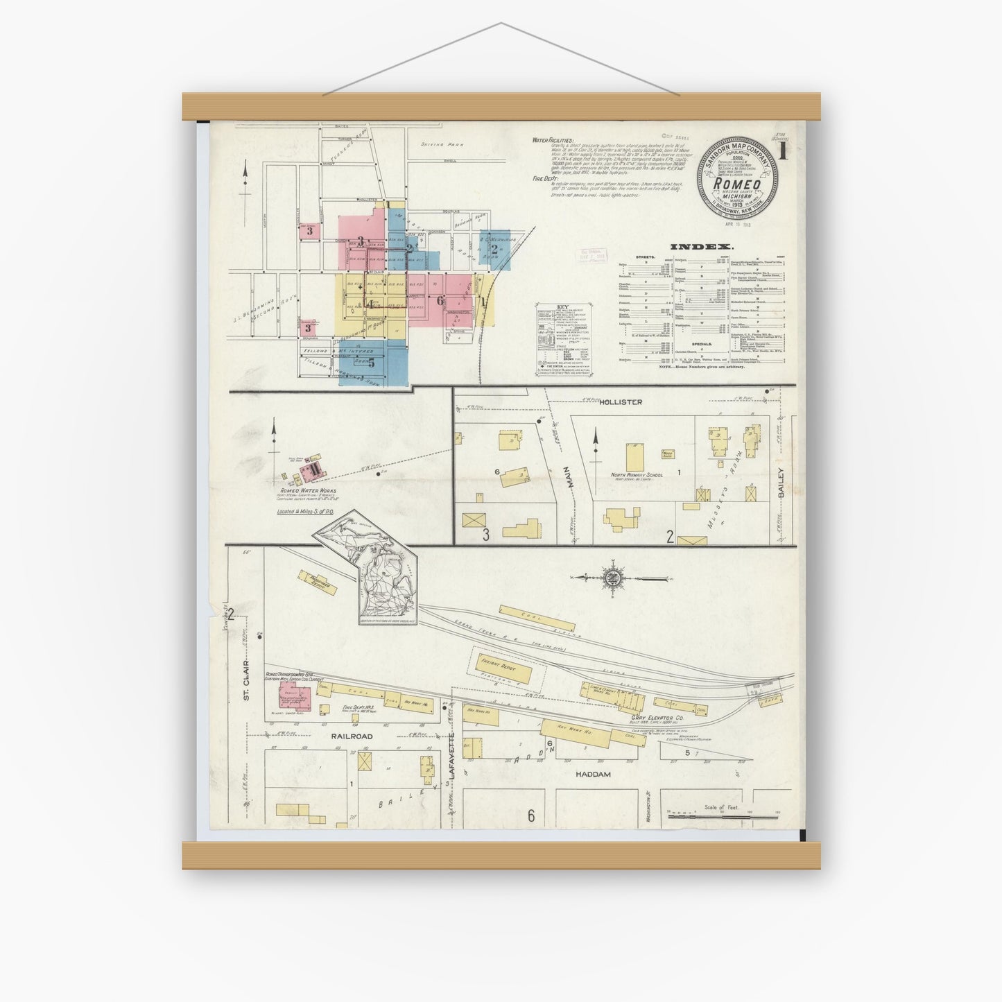 Old map wall art mockup — magnetic wood frame on white wall — Sanborn Fire Insurance Map from Romeo, Macomb County, Michigan (1913) - Complete Map Set