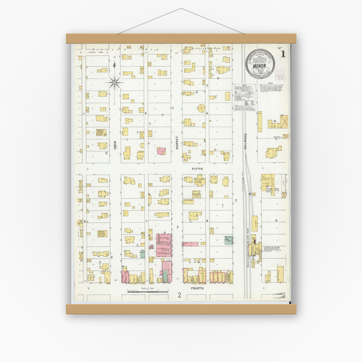 Old map wall art mockup — magnetic wood frame on white wall — Sanborn Fire Insurance Map from Monon, White County, Indiana (1904), Sheet #0001