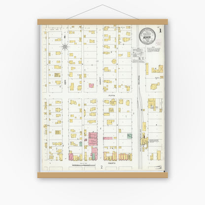 Old map wall art mockup — magnetic wood frame on white wall — Sanborn Fire Insurance Map from Monon, White County, Indiana (1904), Sheet #0001