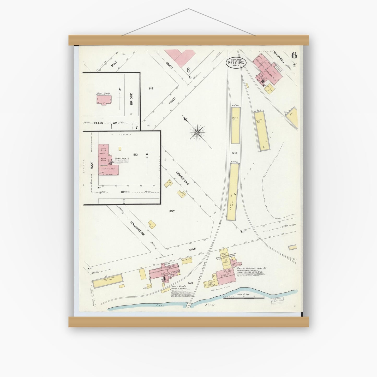 Old map wall art mockup — magnetic wood frame on white wall — Sanborn Fire Insurance Map from Belding, Ionia County, Michigan (1908), Sheet #0006