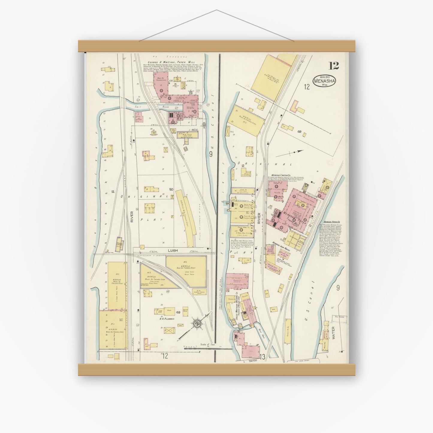 Old map wall art mockup — magnetic wood frame on white wall — Sanborn Fire Insurance Map from Menasha, Winnebago County, Wisconsin (1913), Sheet #0012