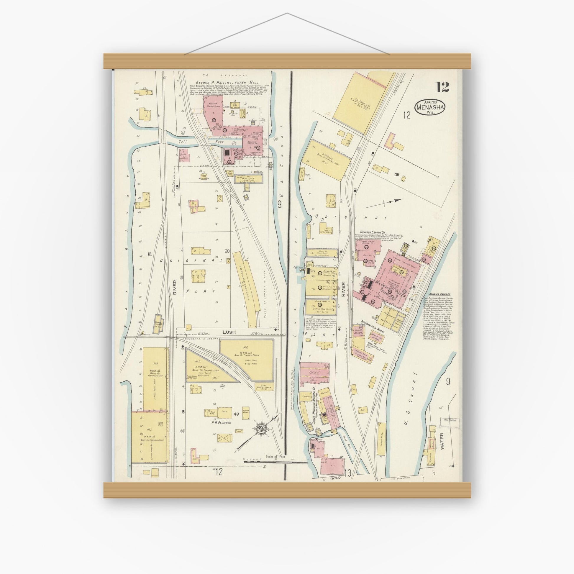 Old map wall art mockup — magnetic wood frame on white wall — Sanborn Fire Insurance Map from Menasha, Winnebago County, Wisconsin (1913), Sheet #0012
