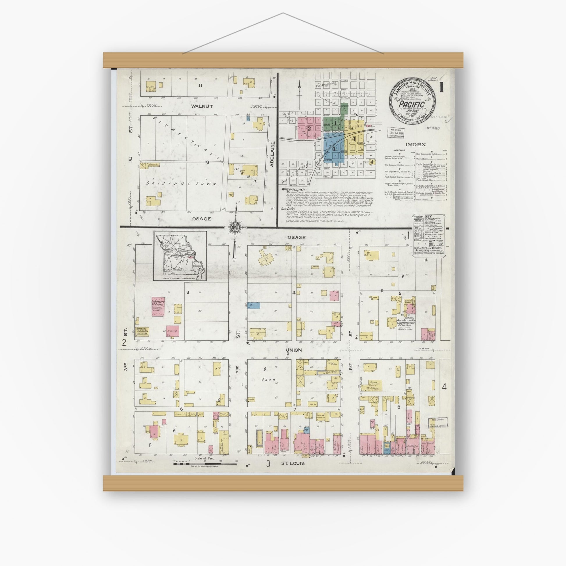 Old map wall art mockup — magnetic wood frame on white wall — Sanborn Fire Insurance Map from Pacific, Franklin County, Missouri (1917) - Complete Map Set