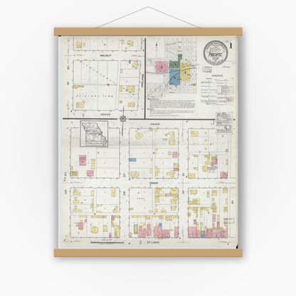 Old map wall art mockup — magnetic wood frame on white wall — Sanborn Fire Insurance Map from Pacific, Franklin County, Missouri (1917) - Complete Map Set