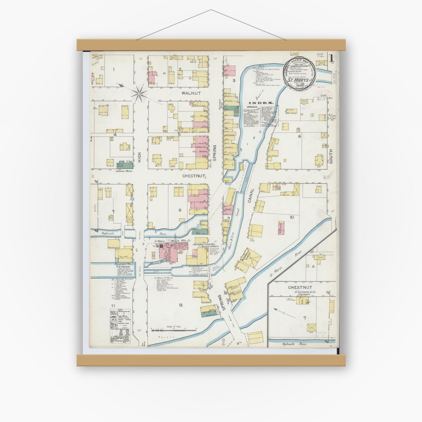 Old map wall art mockup — magnetic wood frame on white wall — Sanborn Fire Insurance Map from Saint Marys, Auglaize County, Ohio (1892) - Complete Map Set