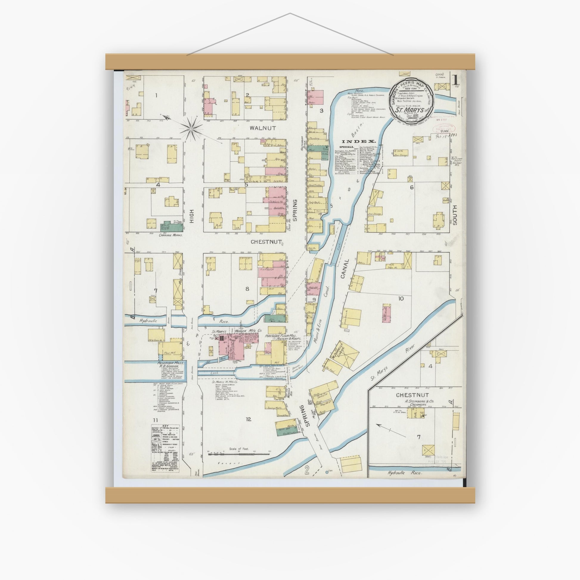 Old map wall art mockup — magnetic wood frame on white wall — Sanborn Fire Insurance Map from Saint Marys, Auglaize County, Ohio (1892) - Complete Map Set