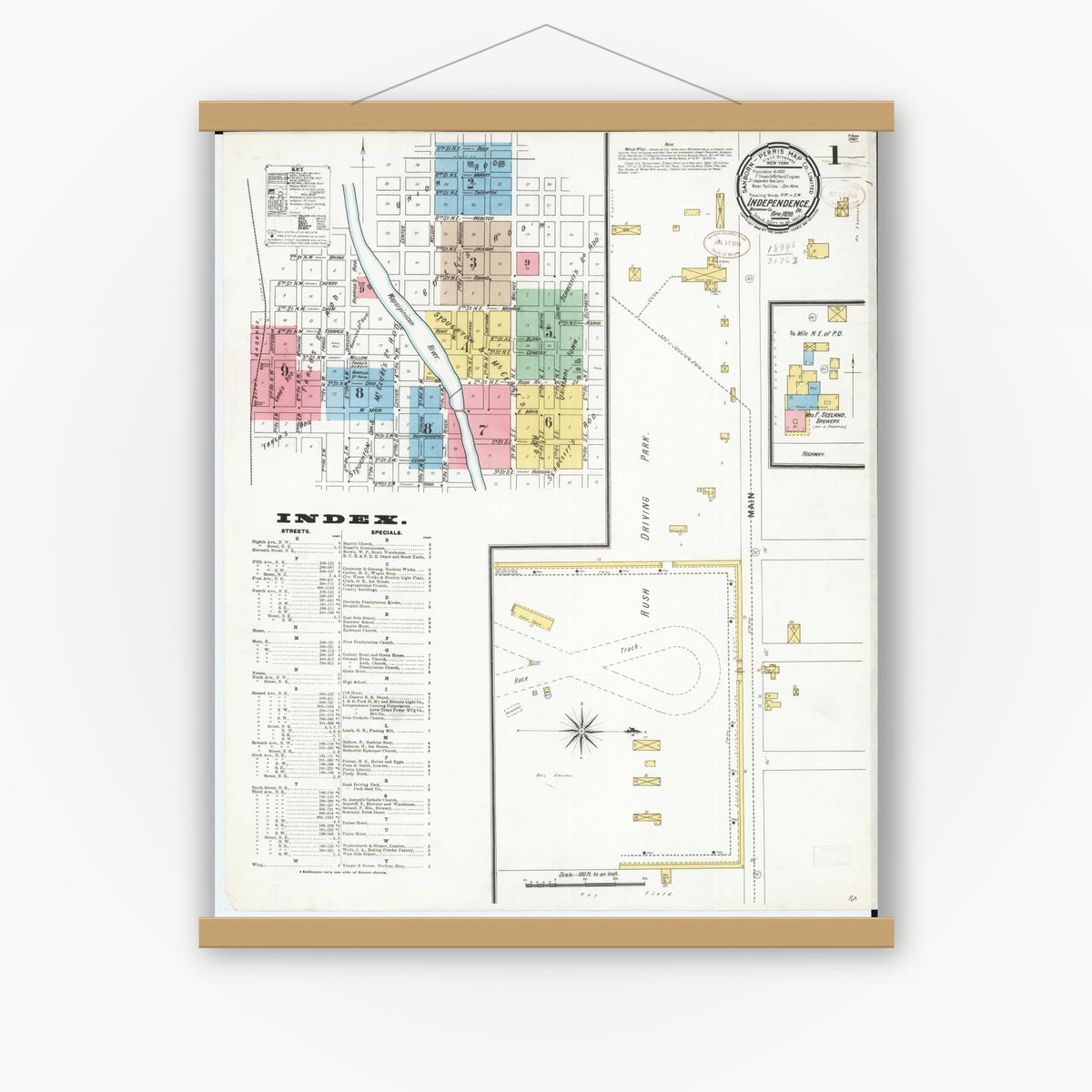 Old map wall art mockup — magnetic wood frame on white wall — Sanborn Fire Insurance Map from Independence, Buchanan County, Iowa (1899) â€” Complete Set