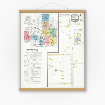 Old map wall art mockup — magnetic wood frame on white wall — Sanborn Fire Insurance Map from Independence, Buchanan County, Iowa (1899) â€” Complete Set