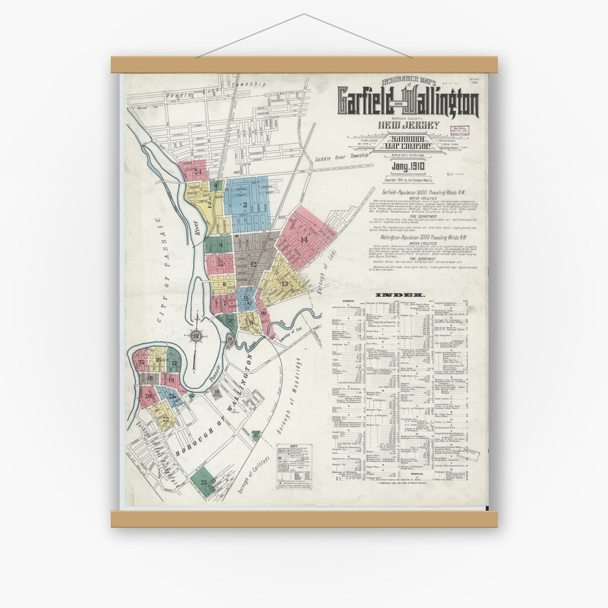 Old map wall art mockup — magnetic wood frame on white wall — Sanborn Fire Insurance Map from Garfield, Bergen County, New Jersey (1910) - Complete Map Set