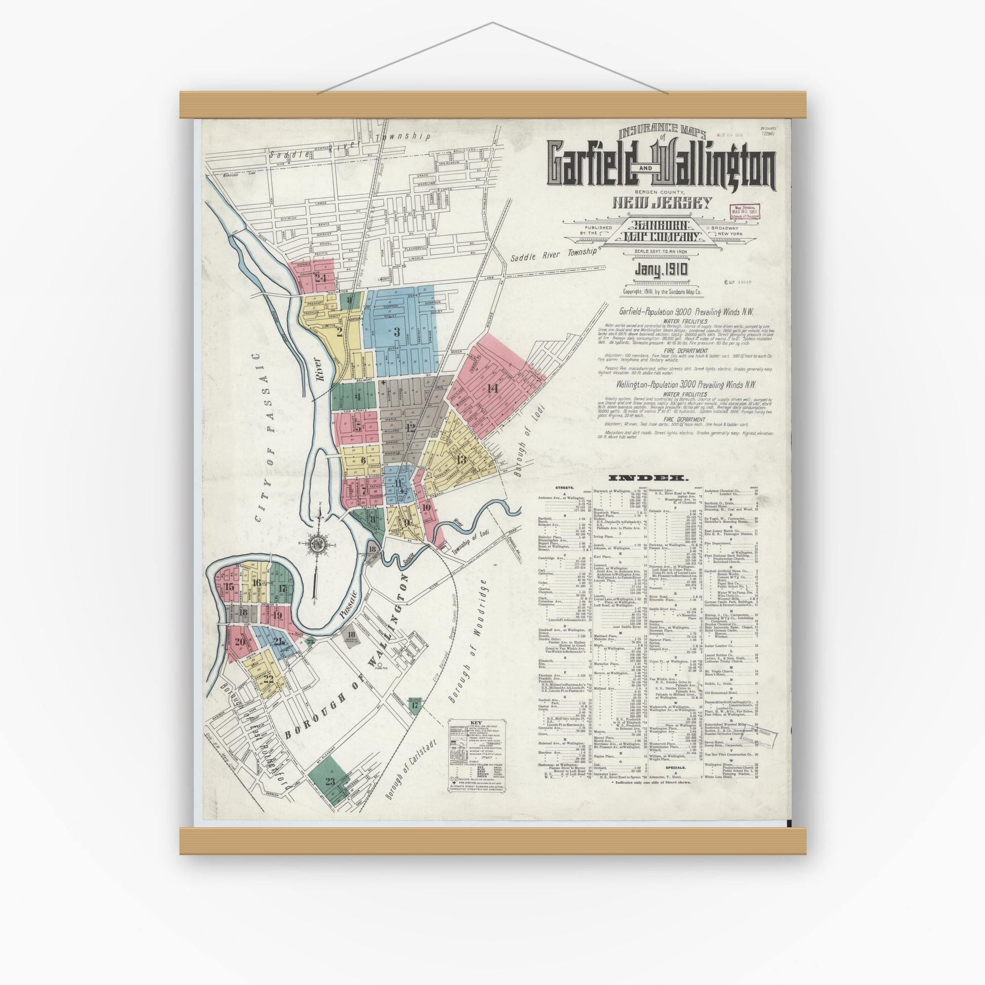 Old map wall art mockup — magnetic wood frame on white wall — Sanborn Fire Insurance Map from Garfield, Bergen County, New Jersey (1910) - Complete Map Set