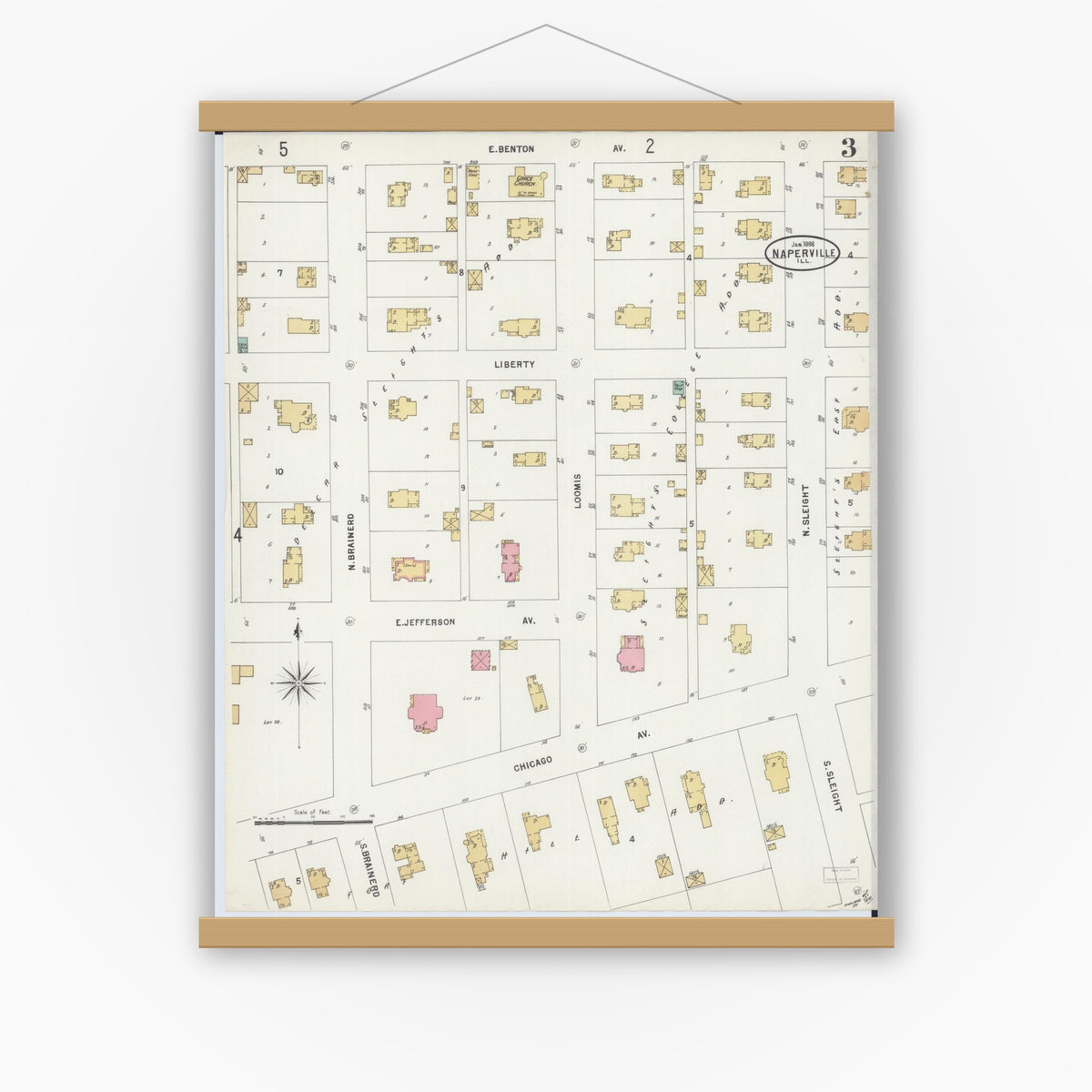Old map wall art mockup — magnetic wood frame on white wall — Sanborn Fire Insurance Map from Naperville, Du Page County, Illinois (1898), Sheet #0003