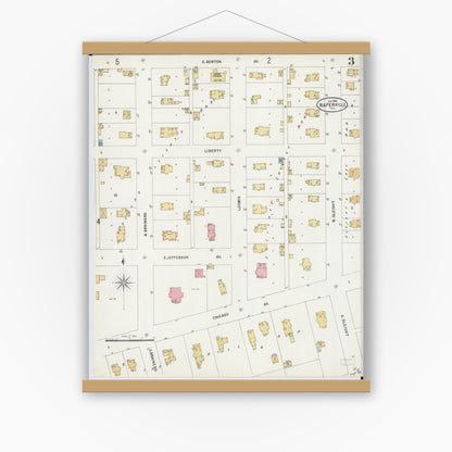 Old map wall art mockup — magnetic wood frame on white wall — Sanborn Fire Insurance Map from Naperville, Du Page County, Illinois (1898), Sheet #0003