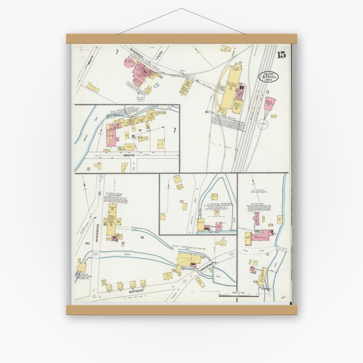 Old map wall art mockup — magnetic wood frame on white wall — Sanborn Fire Insurance Map from Athol, Worcester County, Massachusetts (1905), Sheet #0015