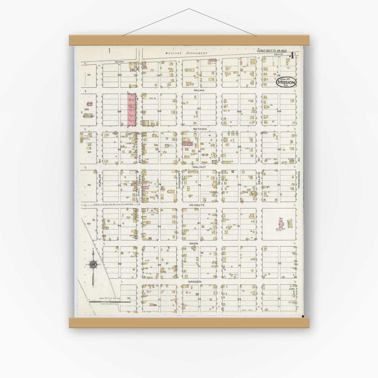 Old map wall art mockup — magnetic wood frame on white wall — Sanborn Fire Insurance Map from Mission, Hidalgo County, Texas (1919), Sheet #0004